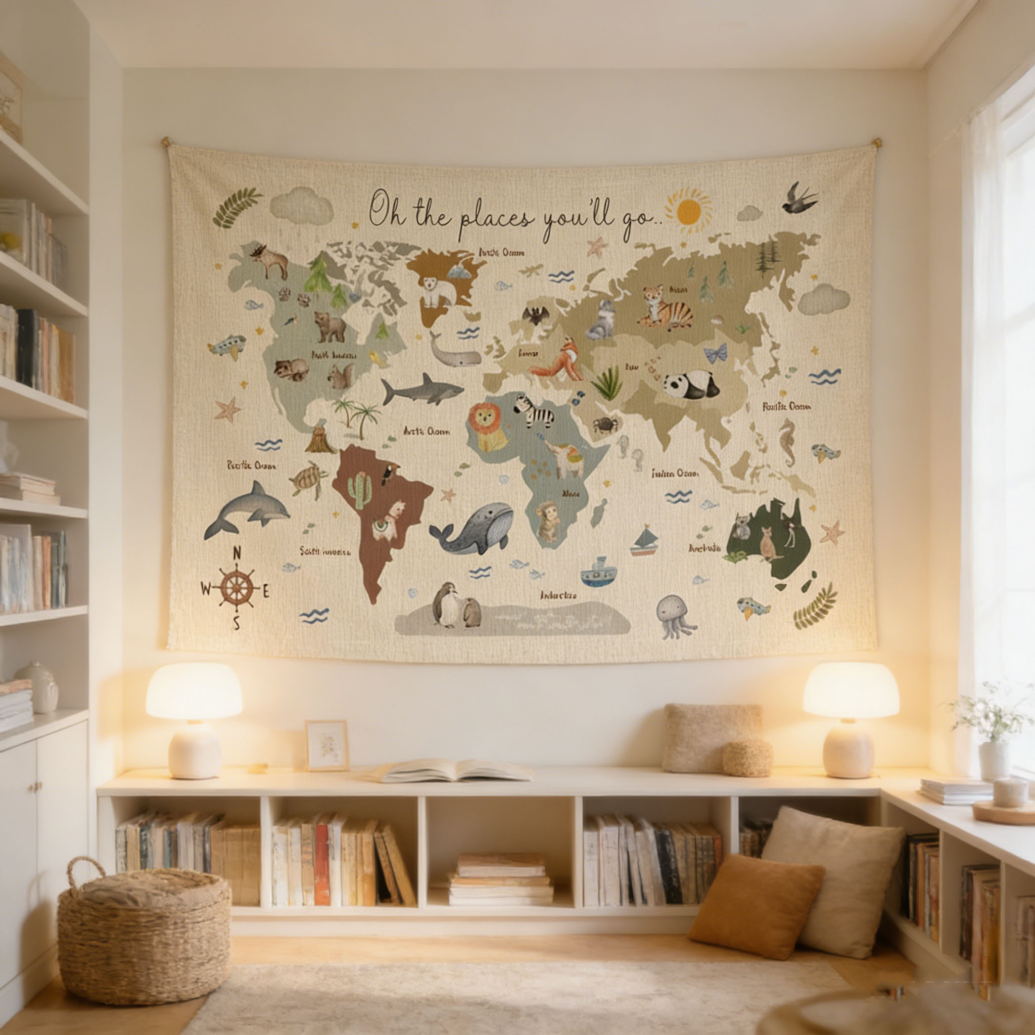 Cute Animal World Map Tapestry - Kids Education Banner avis et prix