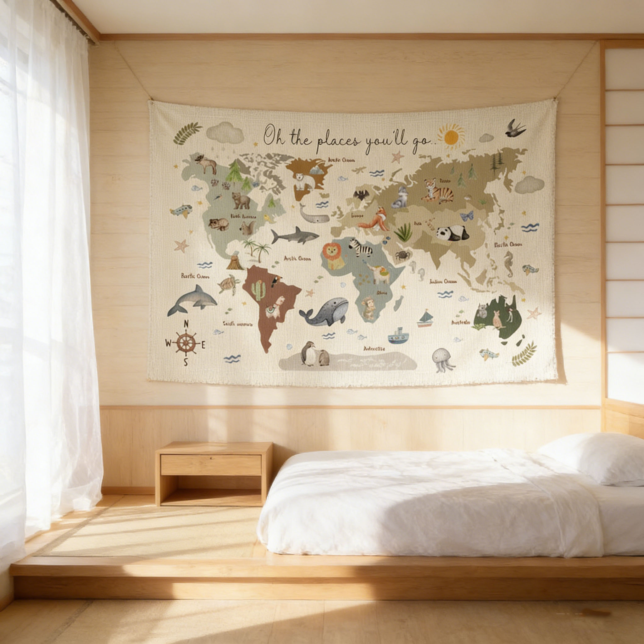 Cute Animal World Map Tapestry - Kids Education Banner avis et prix
